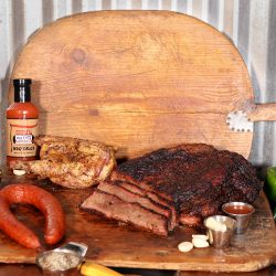 Cooper's Old Time Pit Bar-b-que mail order classic plus box includes one brisket (4lb average), one chicken, one ring of regular sausage